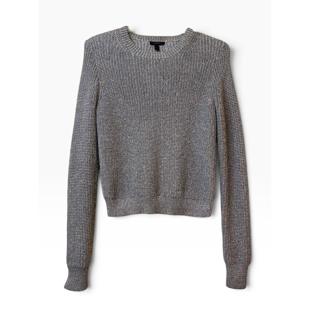 J.Crew Metallic Sparkle Ribbed Knit Crewneck Sweater Gray Medium Cropped Shimmer - Picture 2 of 5